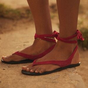 🟠NWT! SILENT D by ANTHROPOLOGIE Suede Tie-Up Thong Sandals in Red